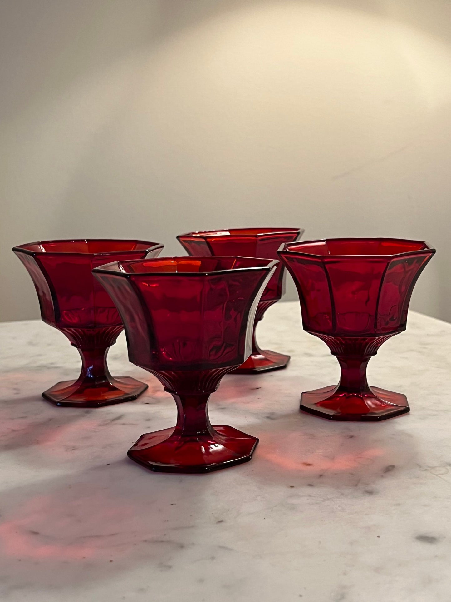 Ruby Red Dessert Goblets Octagon Paneled Red Glassware Set of 4 glasses Lover Antiques and Vintage