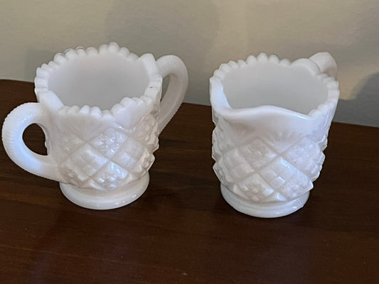 Vintage Westmoreland “Old Quilt” White Milk Glass Creamer and Sugar Bowl Set Lover Antiques and Vintage