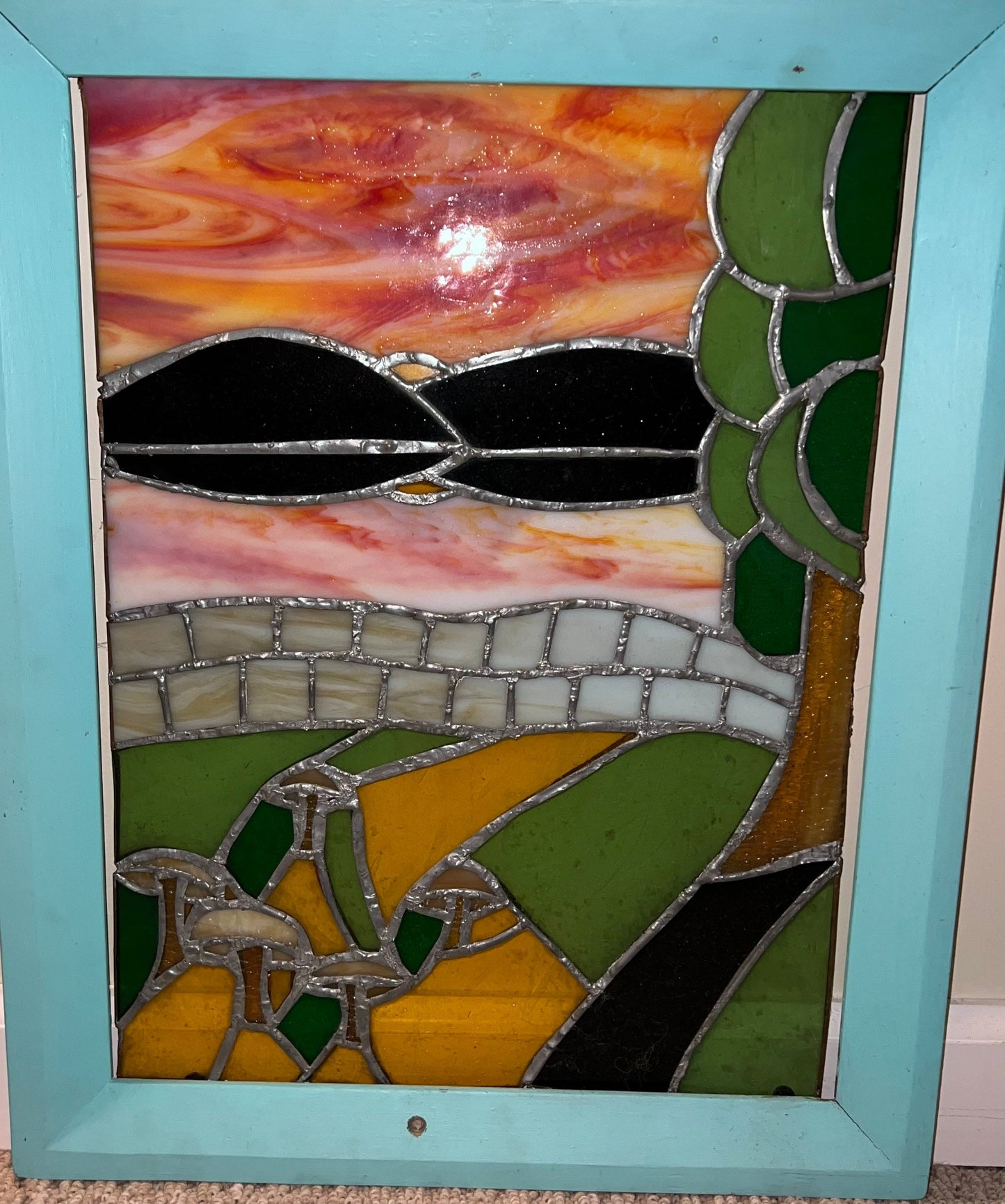 Vintage Mid Century Modern Stained Glass with Frame Unique Art Framed