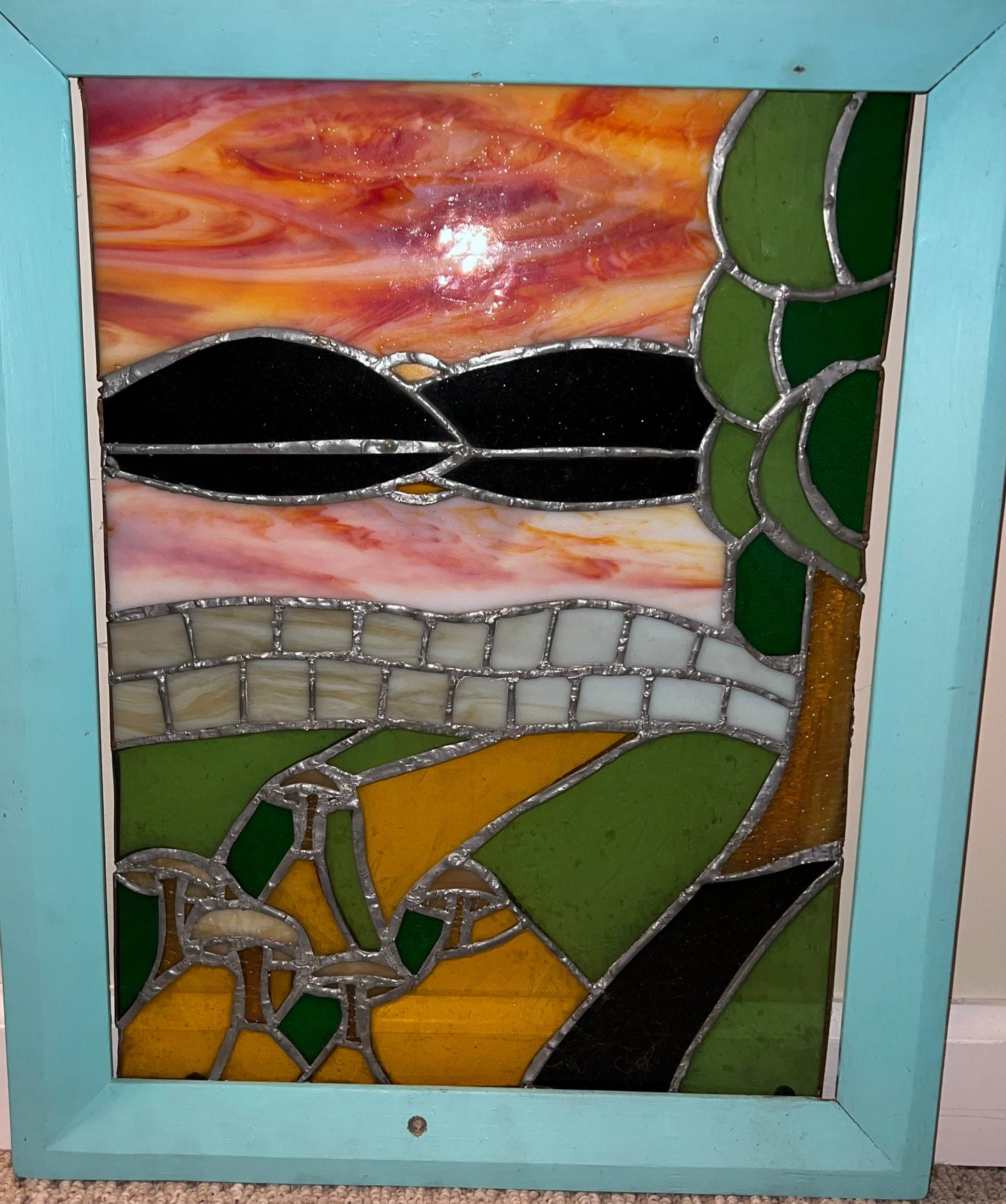 Vintage Mid Century Modern Stained Glass with Frame Unique Art Framed