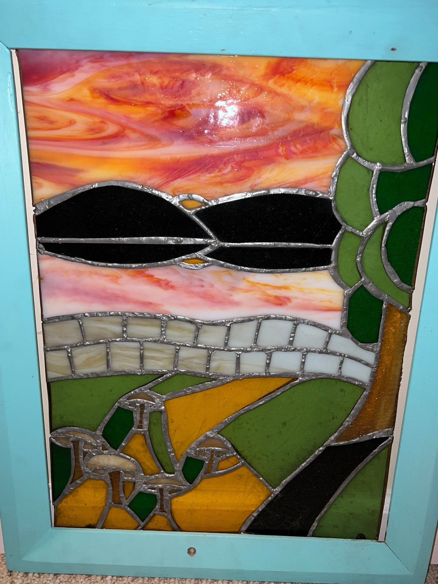 Vintage Mid Century Modern Stained Glass with Frame Unique Art Framed