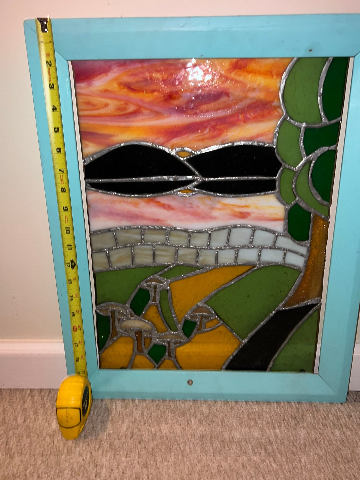 Vintage Mid Century Modern Stained Glass with Frame Unique Art Framed