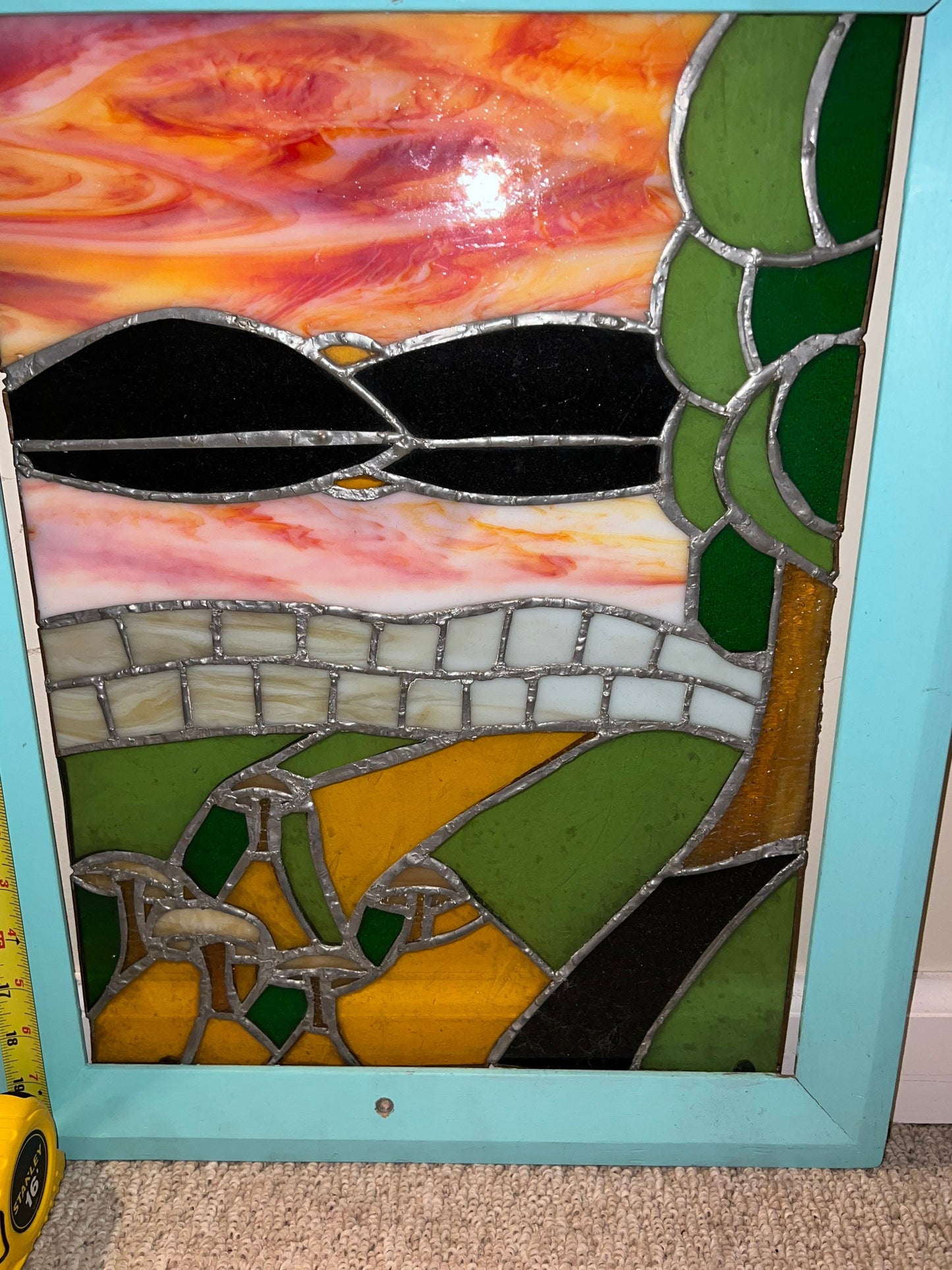 Vintage Mid Century Modern Stained Glass with Frame Unique Art Framed