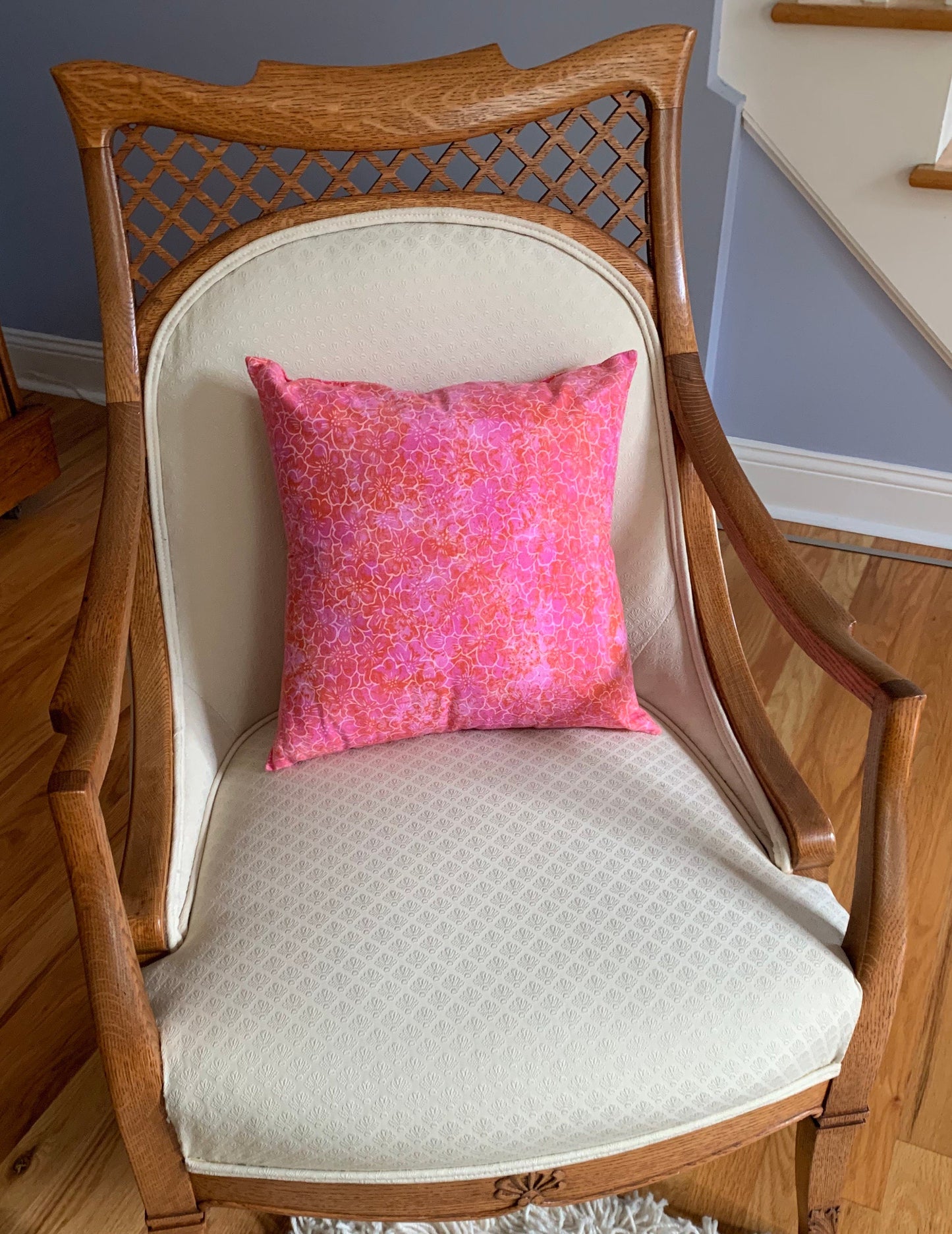 Antique Tiger Oak Cross Pattern Upholstered Accent Chair Lover Antiques and Vintage