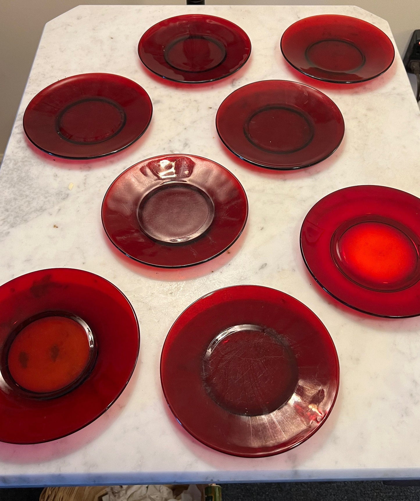 Vintage Ruby Red Set of 9 Lunch Plates, 7 3/4” Red Plates, Lover Antiques and Vintage