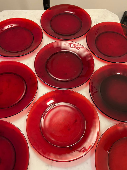 Vintage Ruby Red Set of 9 Lunch Plates, 7 3/4” Red Plates, Lover Antiques and Vintage