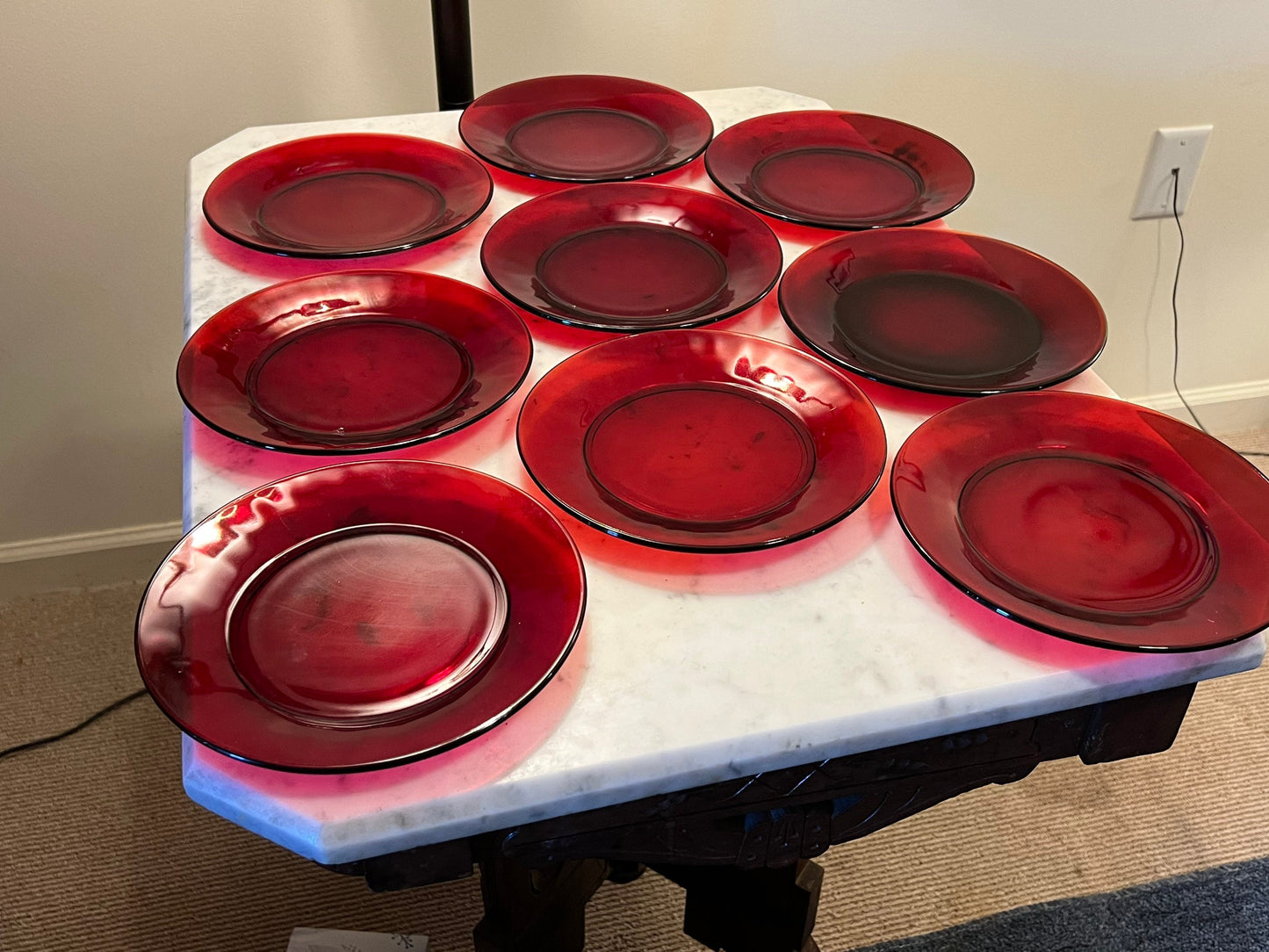 Vintage Ruby Red Set of 9 Lunch Plates, 7 3/4” Red Plates, Lover Antiques and Vintage
