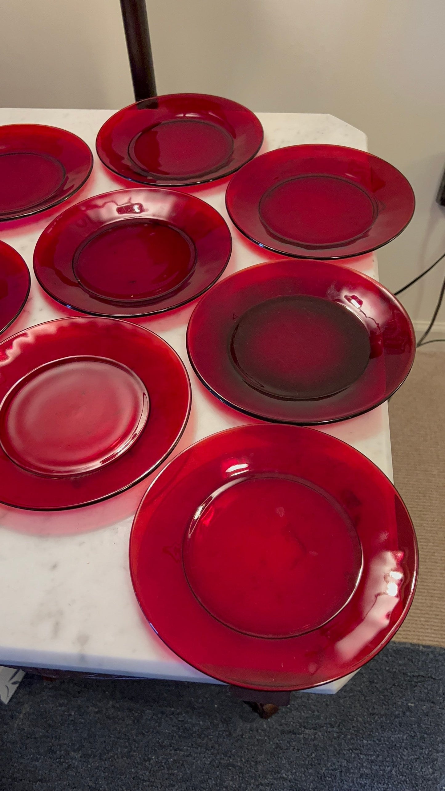 Vintage Ruby Red Set of 9 Lunch Plates, 7 3/4” Red Plates, Lover Antiques and Vintage