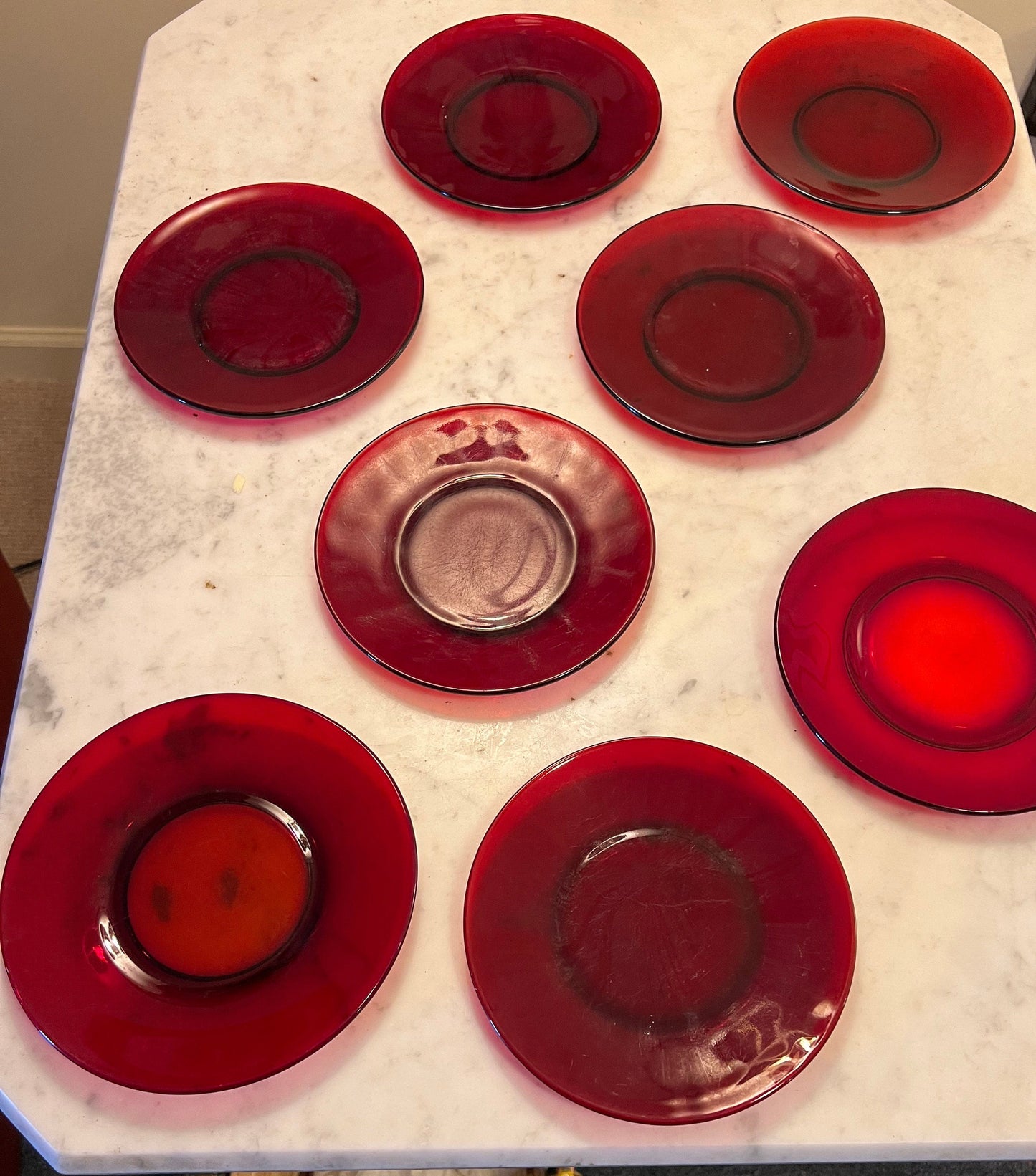 Vintage Ruby Red Set of 9 Lunch Plates, 7 3/4” Red Plates, Lover Antiques and Vintage