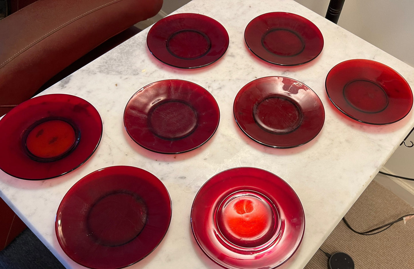 Vintage Ruby Red Set of 9 Lunch Plates, 7 3/4” Red Plates, Lover Antiques and Vintage