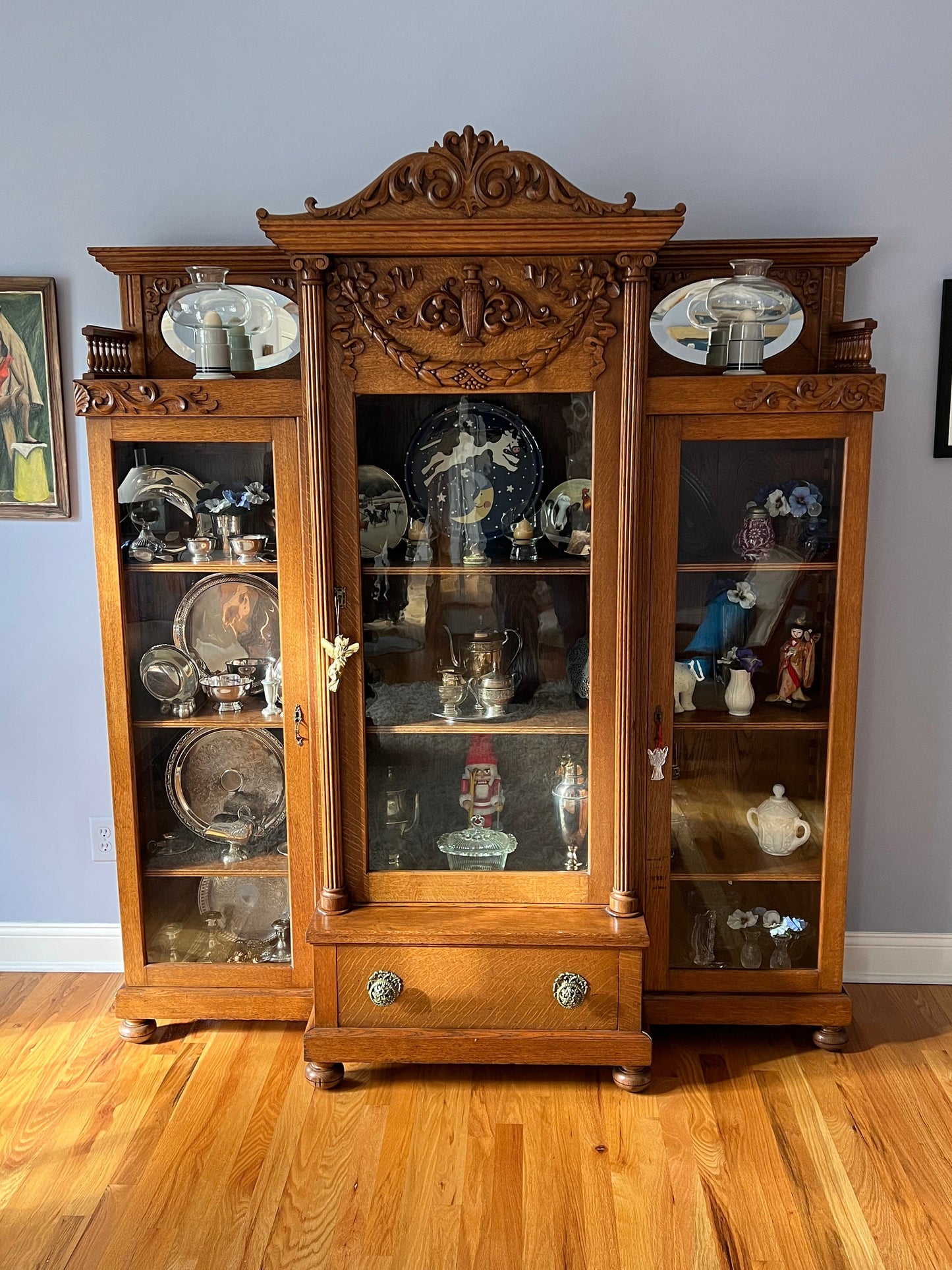 Antique Quarter Sawn Oak Triple Library Bookcase Early 1900’s Spectacular Piece Wavy Glass Bookshelf Lover Antiques and Vintage