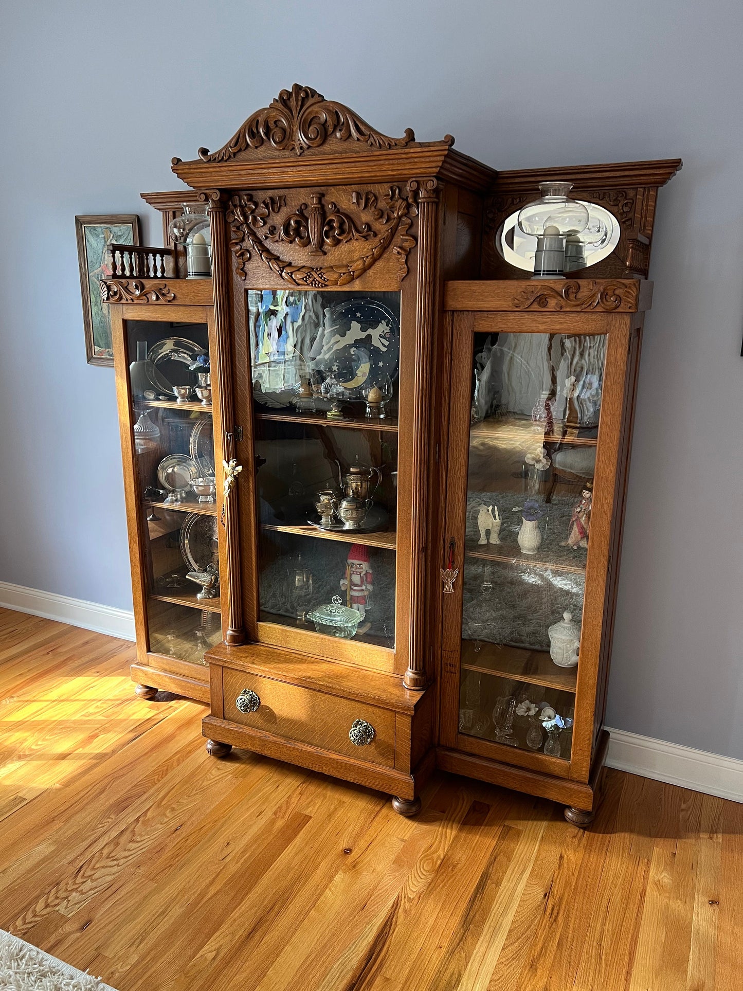 Antique Quarter Sawn Oak Triple Library Bookcase Early 1900’s Spectacular Piece Wavy Glass Bookshelf Lover Antiques and Vintage