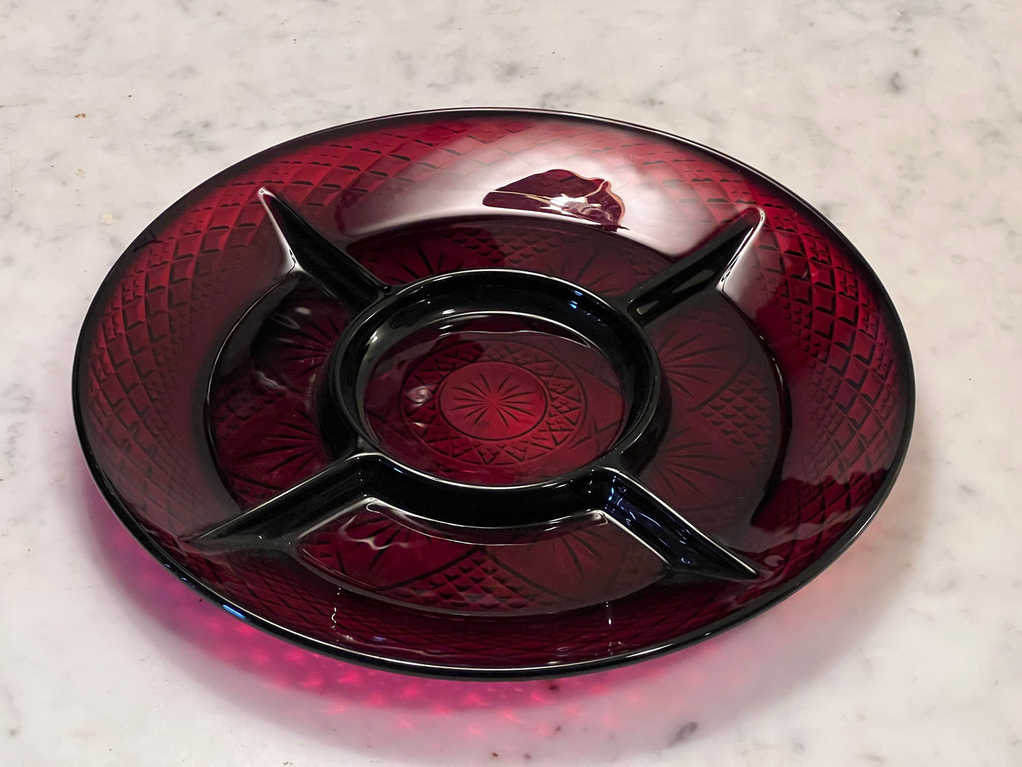Vintage Ruby Red Pressed Glass Divided Plate Server 8” Art Glass Plate Appetizer Tray Lover Antiques and Vintage