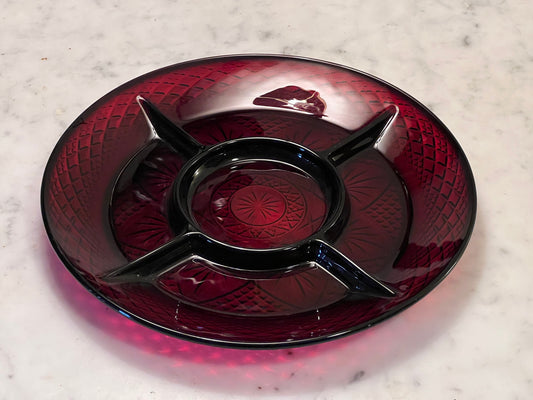 Vintage Ruby Red Pressed Glass Divided Plate Server 8” Art Glass Plate Appetizer Tray Lover Antiques and Vintage