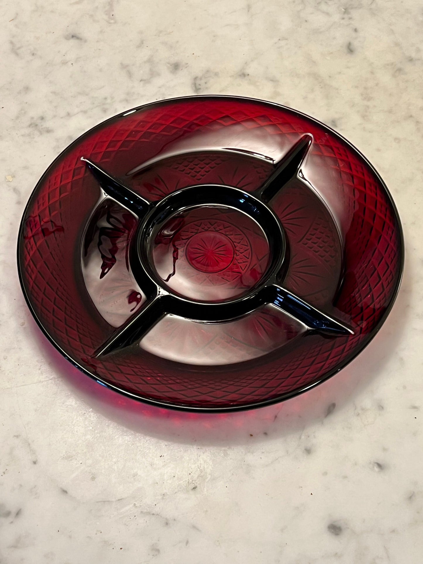 Vintage Ruby Red Pressed Glass Divided Plate Server 8” Art Glass Plate Appetizer Tray Lover Antiques and Vintage