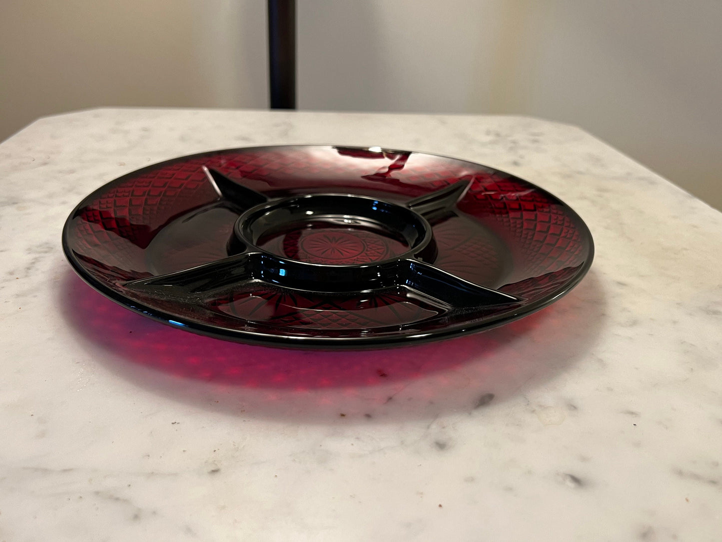 Vintage Ruby Red Pressed Glass Divided Plate Server 8” Art Glass Plate Appetizer Tray Lover Antiques and Vintage