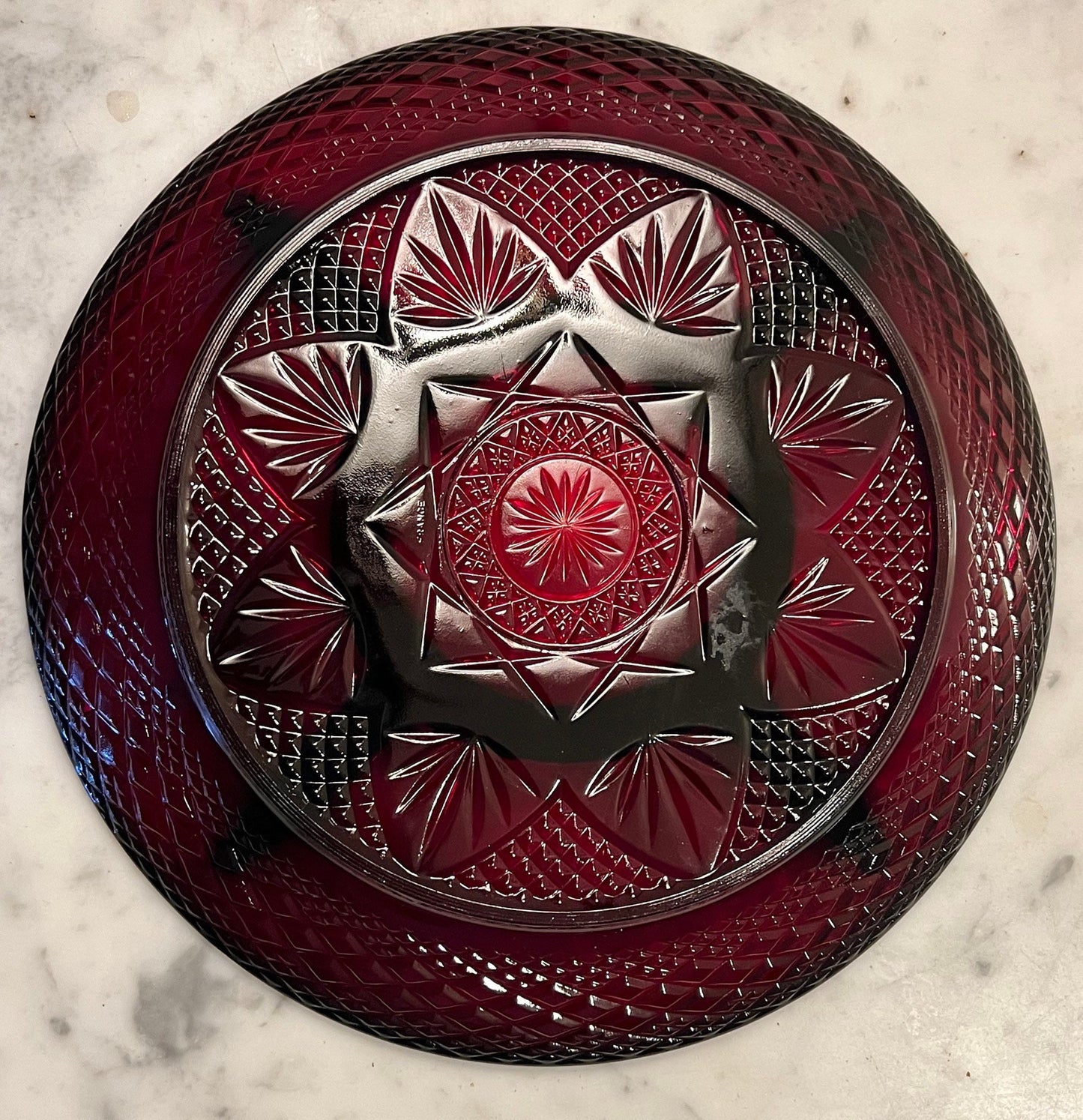 Vintage Ruby Red Pressed Glass Divided Plate Server 8” Art Glass Plate Appetizer Tray Lover Antiques and Vintage