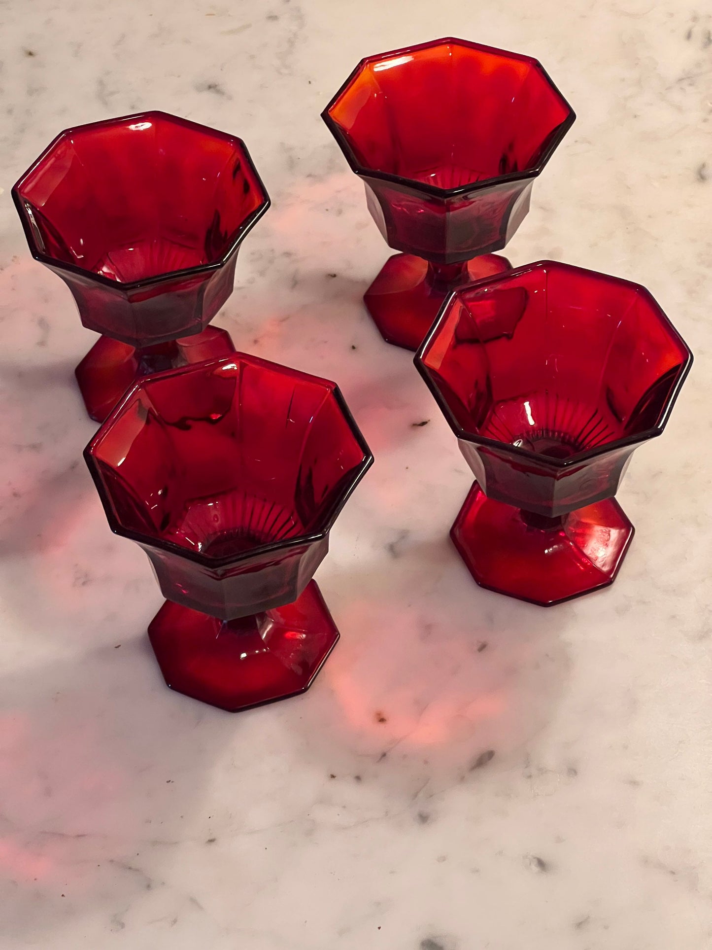 Ruby Red Dessert Goblets Octagon Paneled Red Glassware Set of 4 glasses Lover Antiques and Vintage