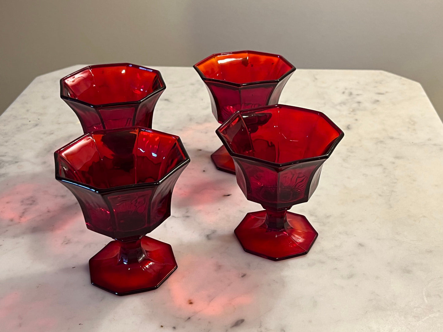 Ruby Red Dessert Goblets Octagon Paneled Red Glassware Set of 4 glasses Lover Antiques and Vintage