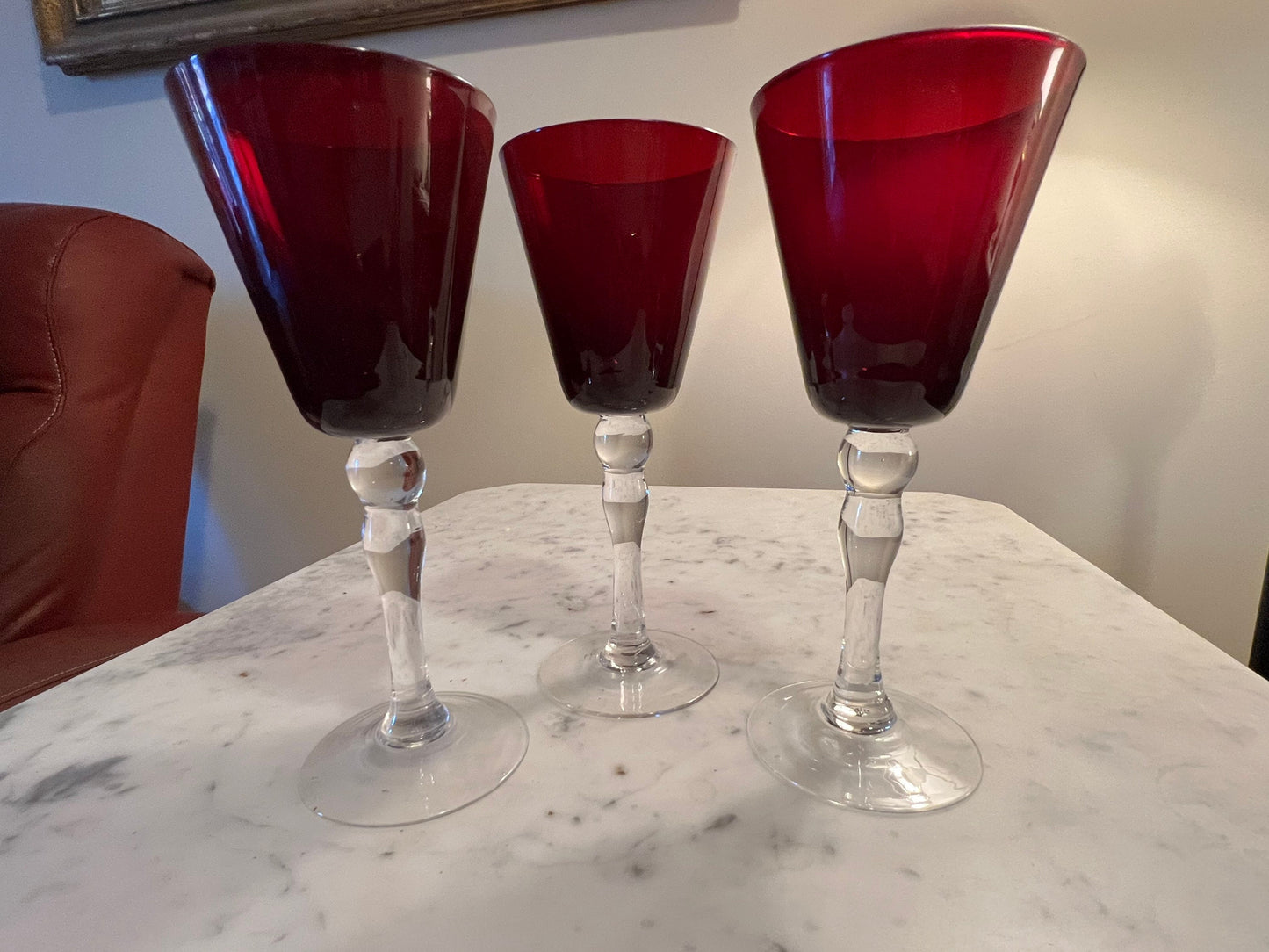 Ruby Red Wine Glasses Set of 3 Mid Century Modern Glass Art Lover Antiques and Vintage