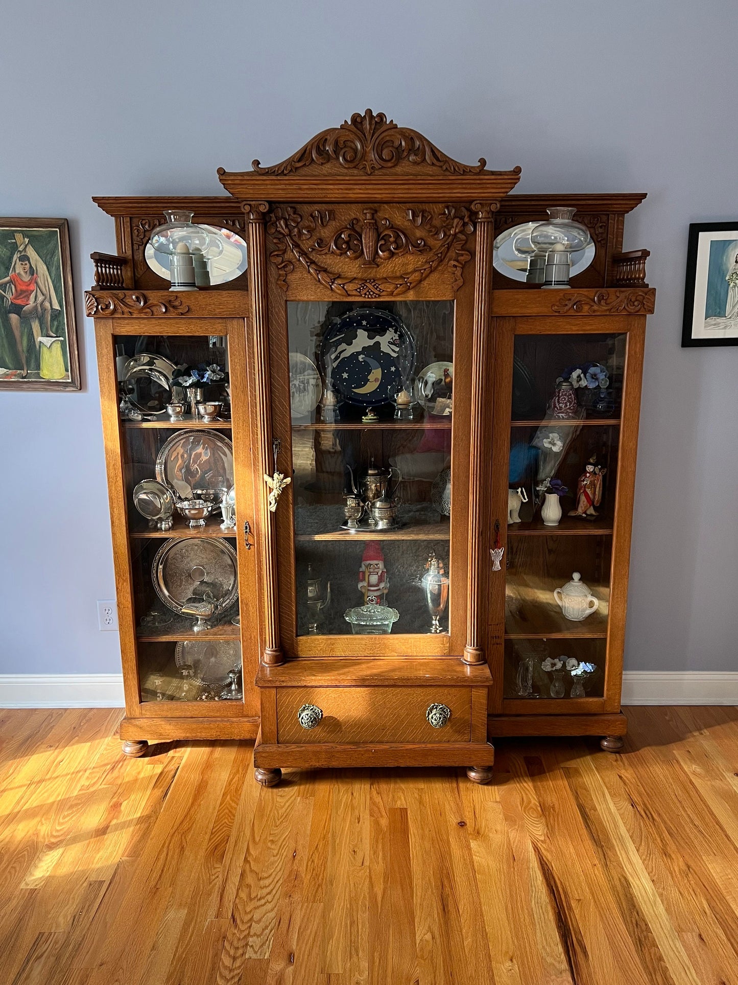 Antique Quarter Sawn Oak Triple Library Bookcase Early 1900’s Spectacular Piece Wavy Glass Bookshelf Lover Antiques and Vintage