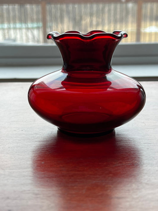 Vintage Small Ruby Red Royal Ruby Anchor Glass Ruffled Edge Flower Bud Vase