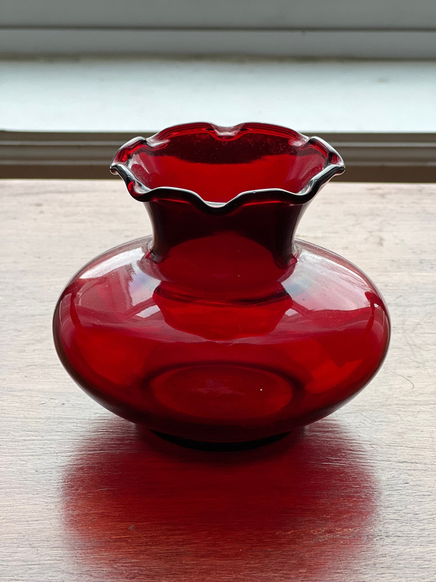 Vintage Small Ruby Red Royal Ruby Anchor Glass Ruffled Edge Flower Bud Vase