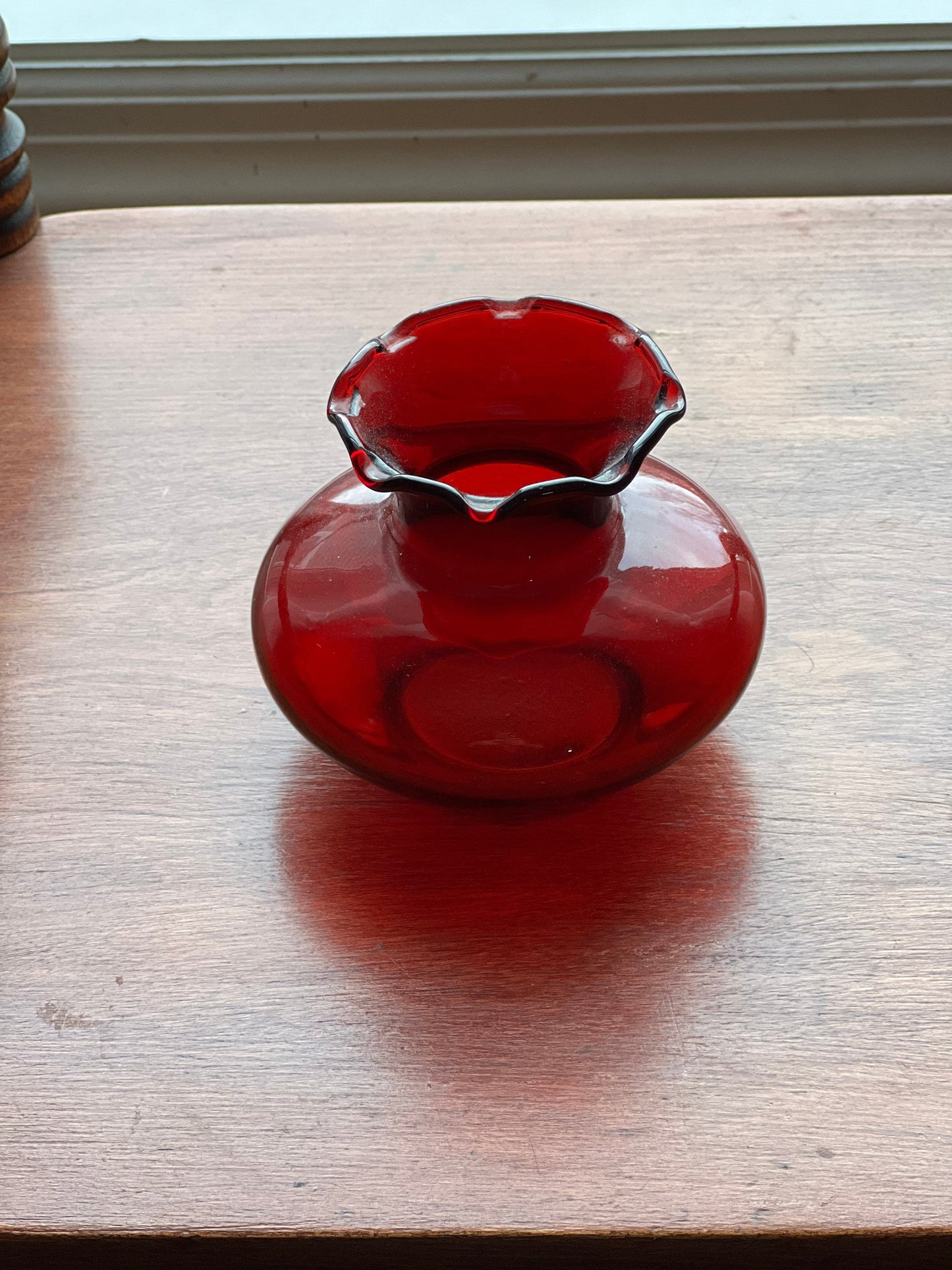Vintage Small Ruby Red Royal Ruby Anchor Glass Ruffled Edge Flower Bud Vase