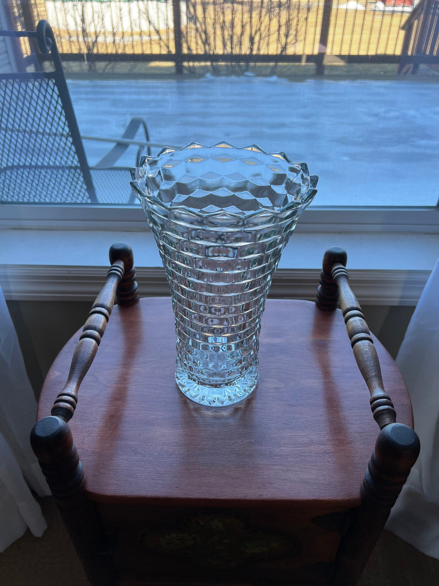 Vintage Fostoria Etched Buttercup Clear Cut Glass Pitcher Vase Mint Rare Art Glass