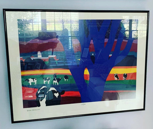 Vintage Woody Jackson Blue Elm Signed & Framed Cow Print Abstract Ben and Jerry artwork art Lover Antiques and Vintage