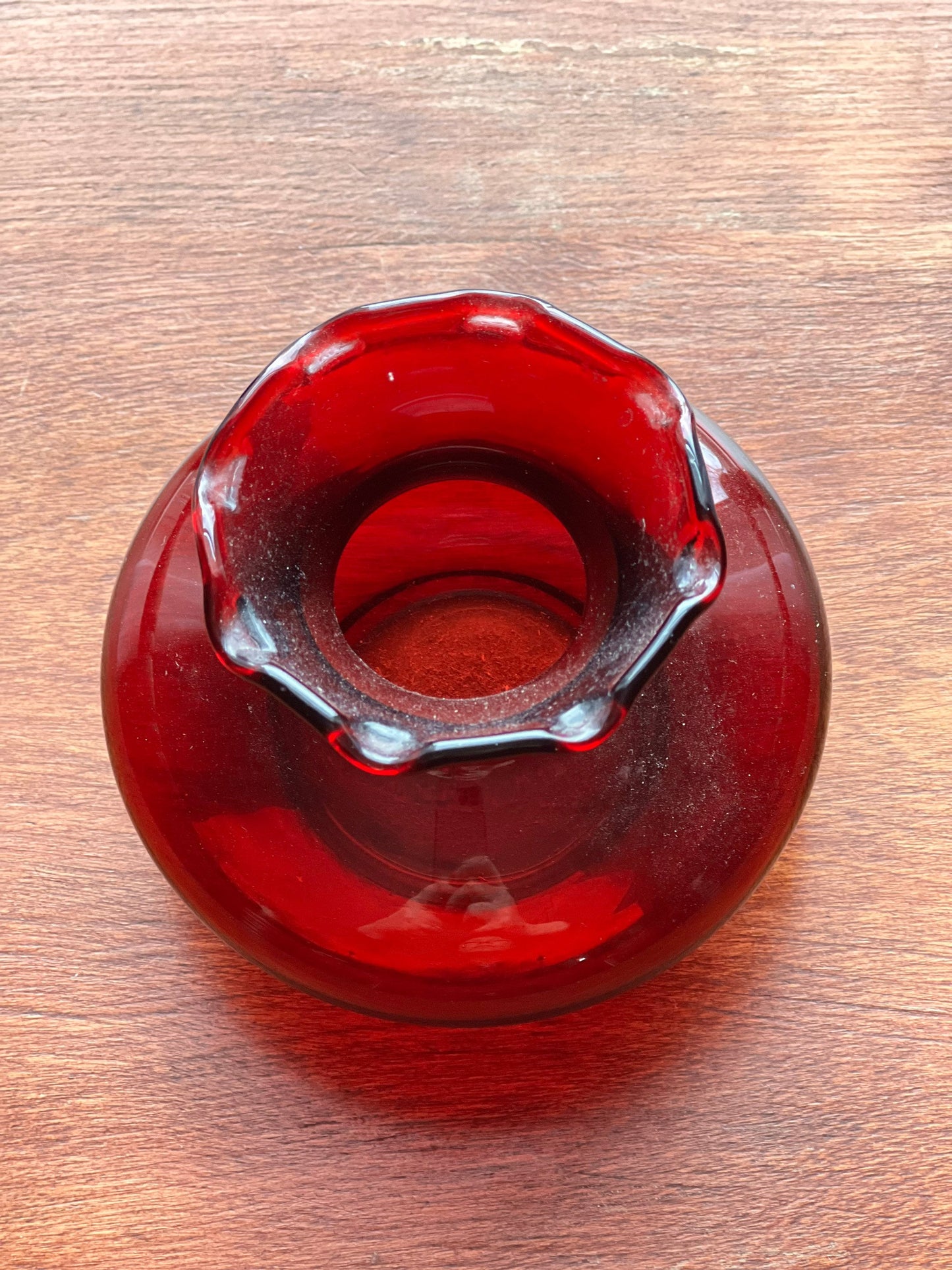 Vintage Small Ruby Red Royal Ruby Anchor Glass Ruffled Edge Flower Bud Vase