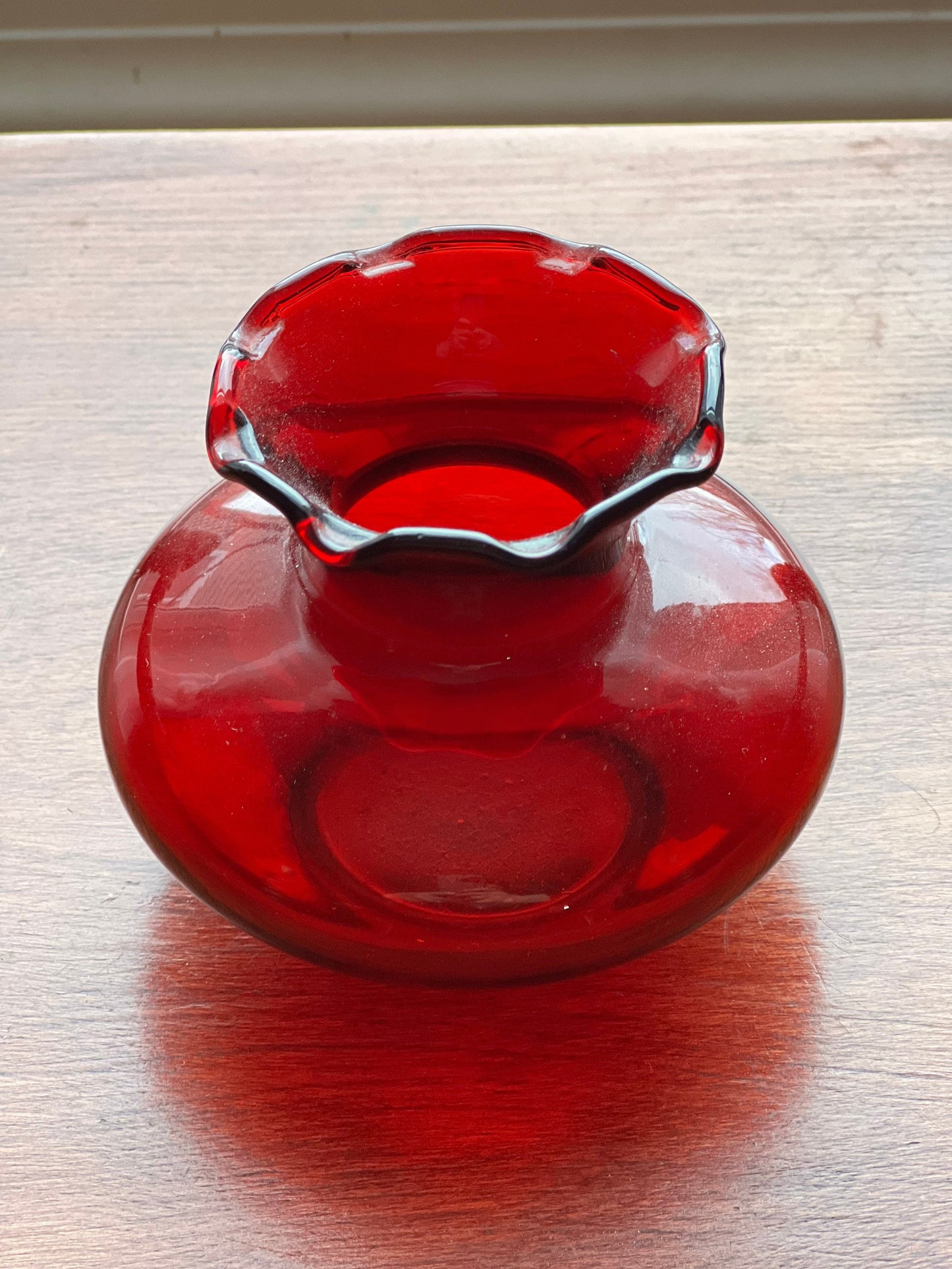 Vintage Small Ruby Red Royal Ruby Anchor Glass Ruffled Edge Flower Bud Vase