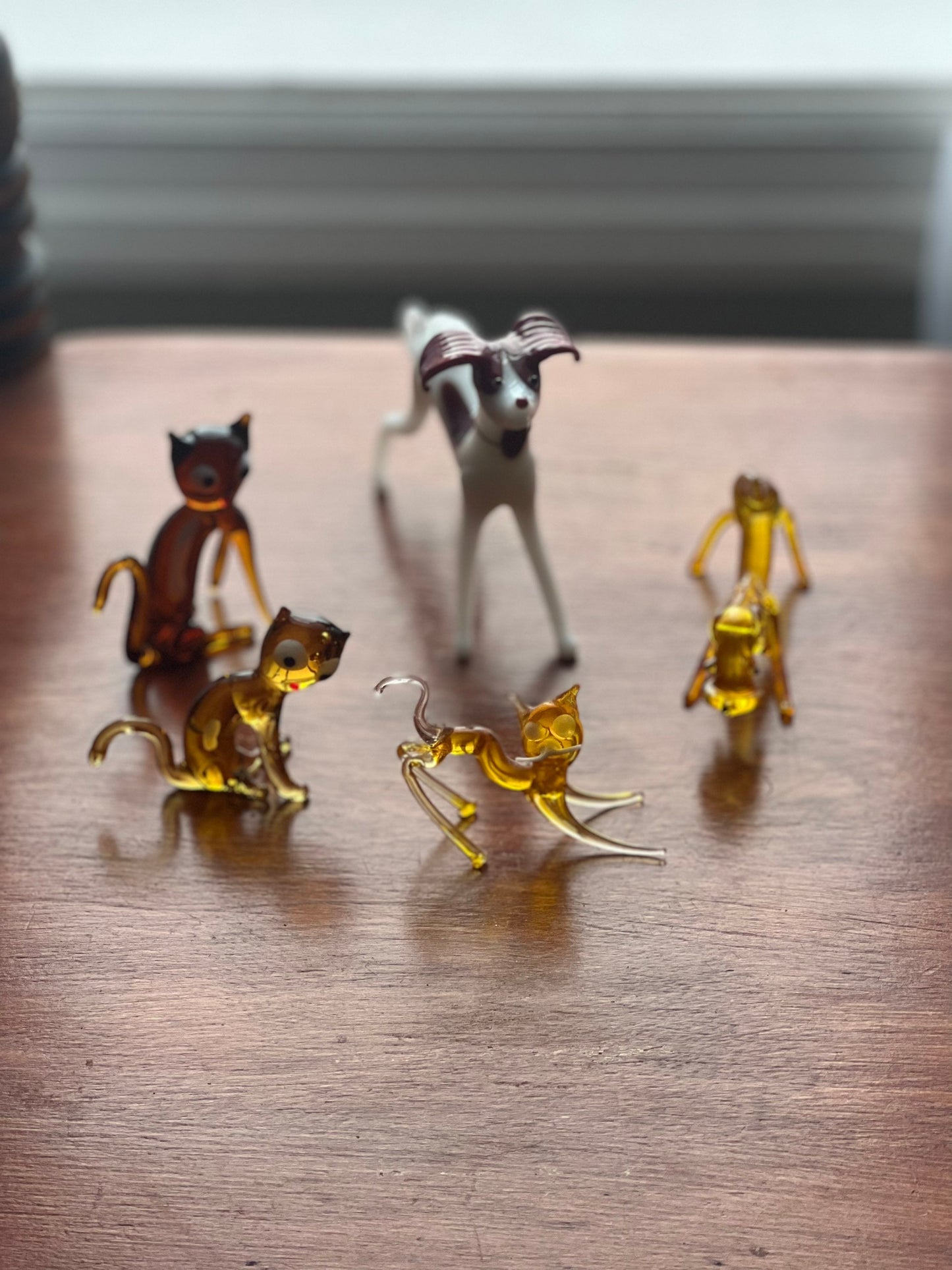 Vintage Glass Animal Collection of 5 Miniatures Minis Amber Glass dogs and cats art collectibles a great gift cat dog figurines