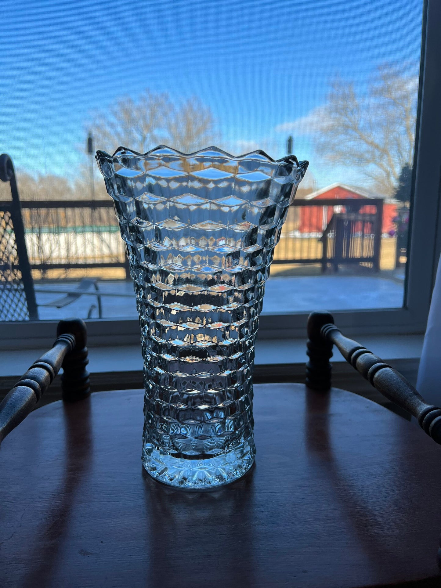 Vintage Fostoria Etched Buttercup Clear Cut Glass Pitcher Vase Mint Rare Art Glass