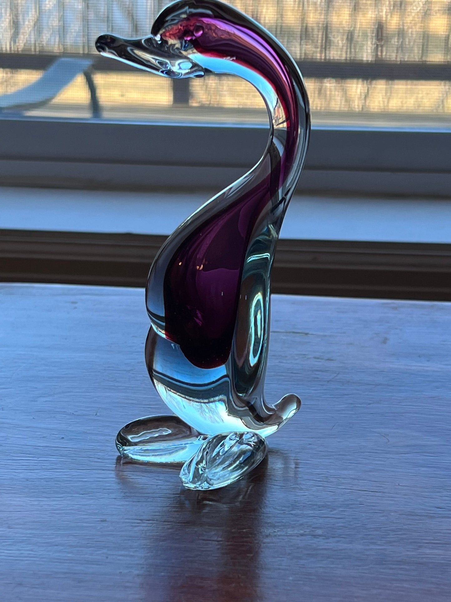 Vintage Murano Style Glass Goose Deep Purple & Clear Glass Art 6” Tall Artwork animals