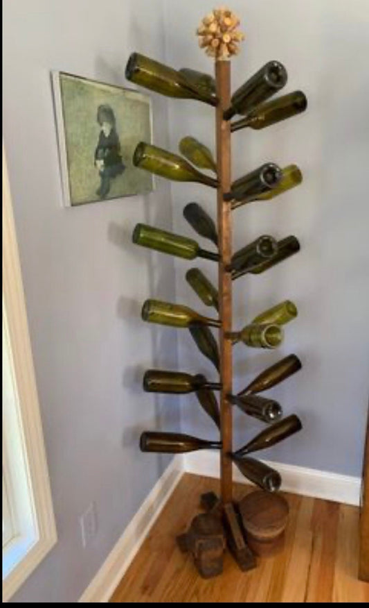 Antique Tiger Oak Wood Early Primitive Wooden Wine Rack, Bottle Display, Storage Rack, Includes Colored Bottles Lover Antiques and Vintage