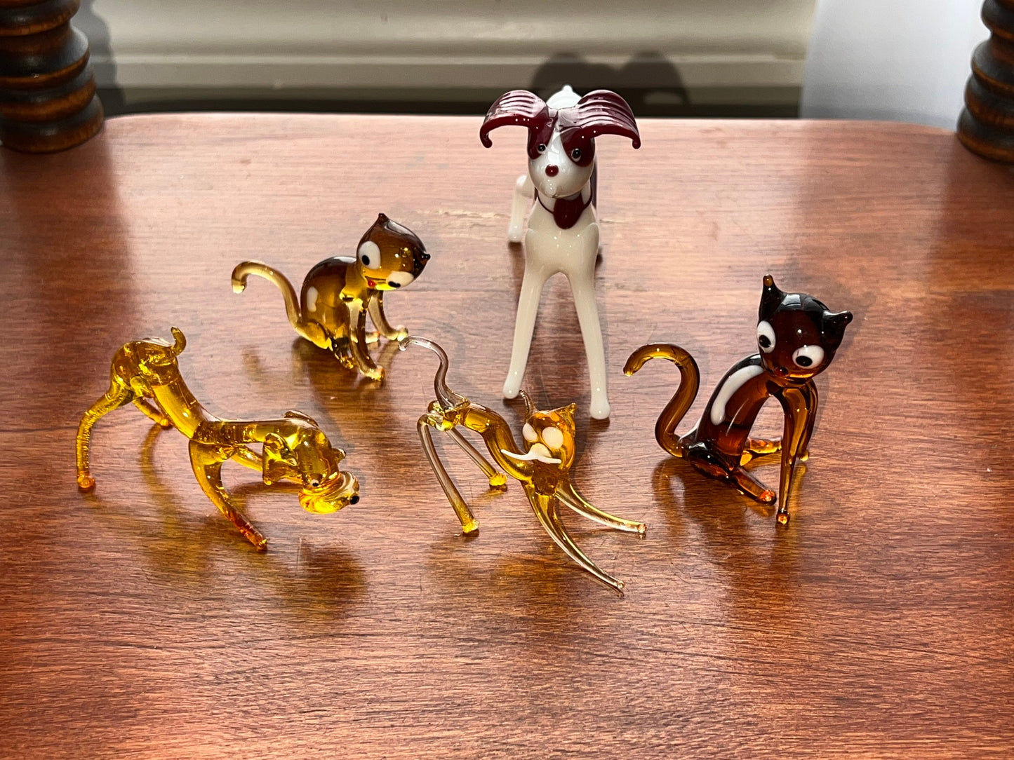 Vintage Glass Animal Collection of 5 Miniatures Minis Amber Glass dogs and cats art collectibles a great gift cat dog figurines