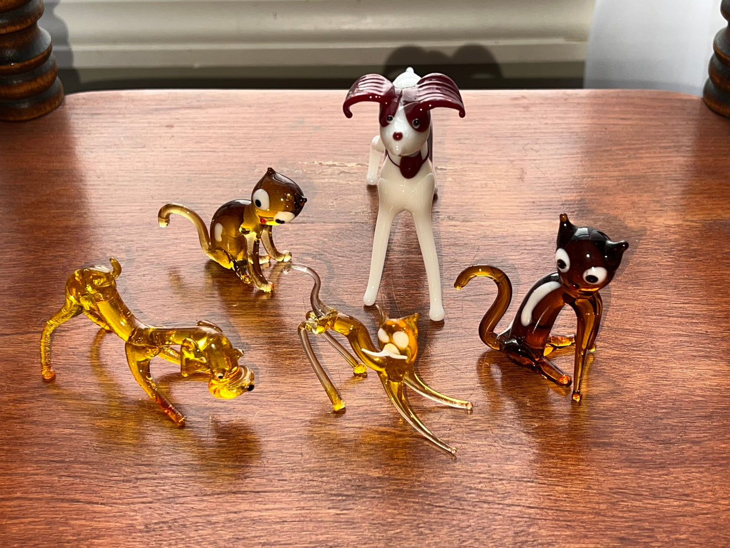 Vintage Glass Animal Collection of 5 Miniatures Minis Amber Glass dogs and cats art collectibles a great gift cat dog figurines
