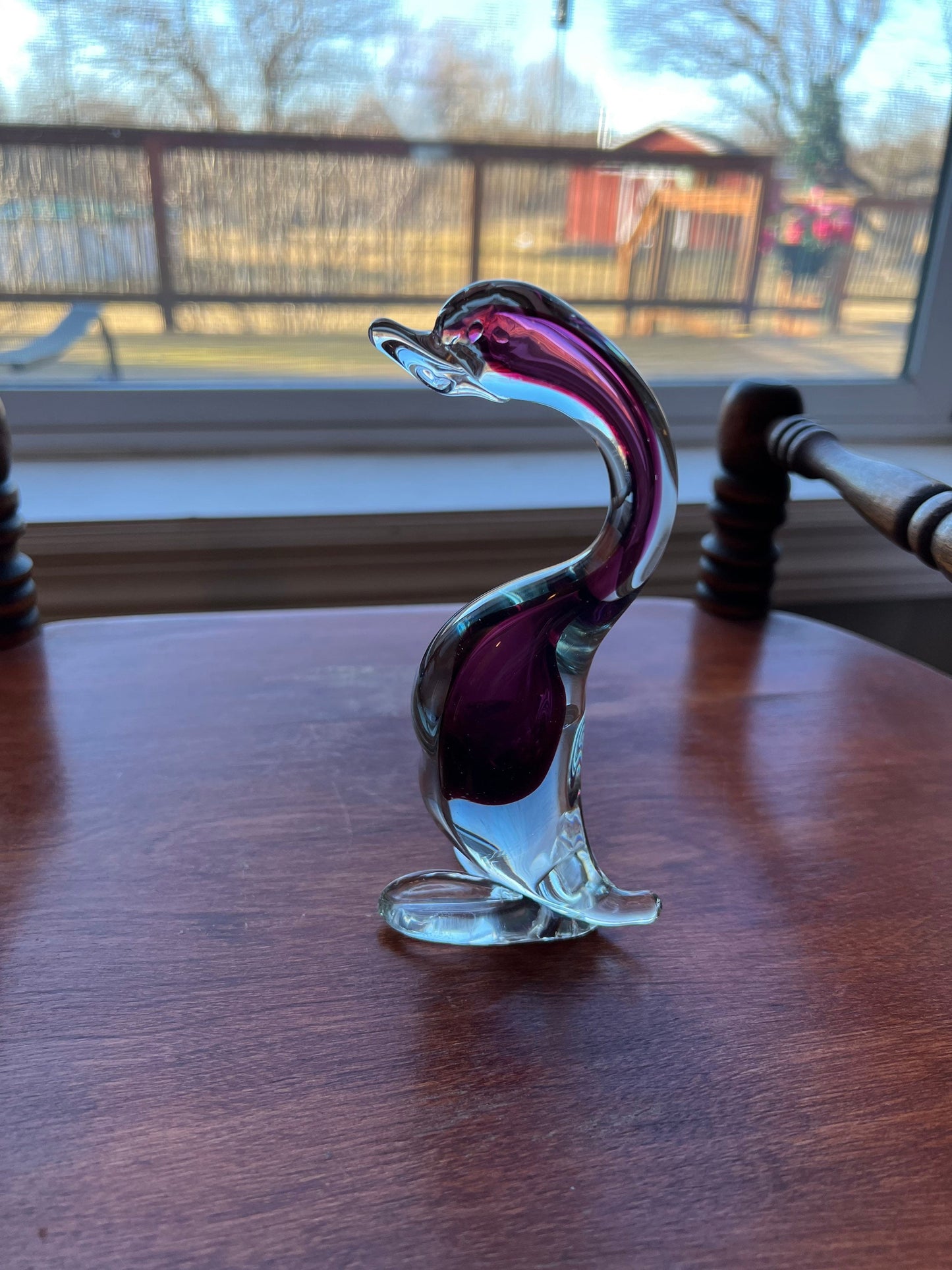 Vintage Murano Style Glass Goose Deep Purple & Clear Glass Art 6” Tall Artwork animals