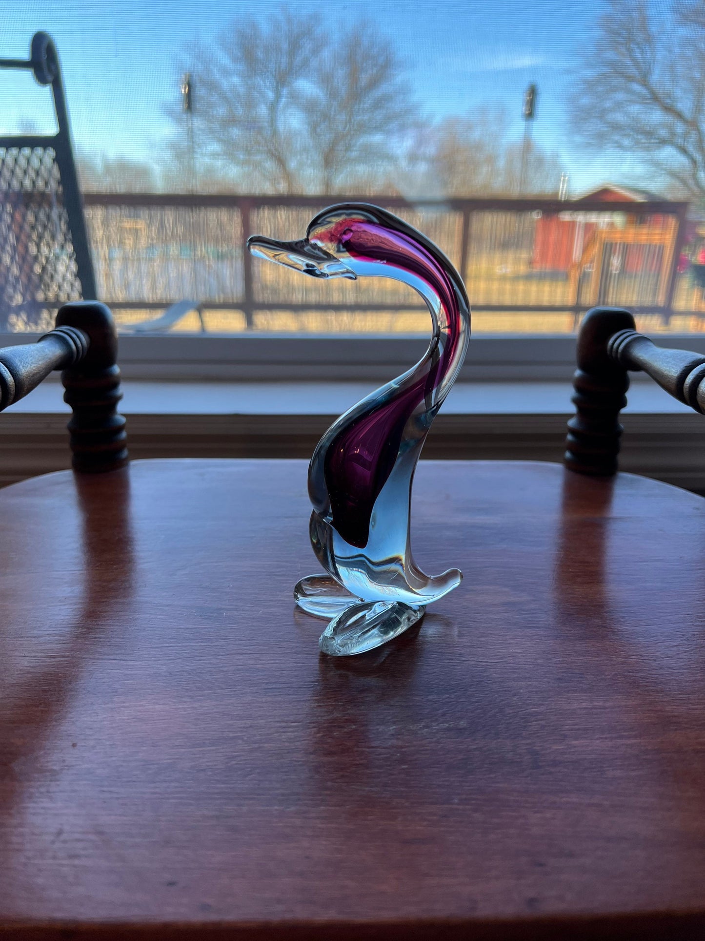 Vintage Murano Style Glass Goose Deep Purple & Clear Glass Art 6” Tall Artwork animals