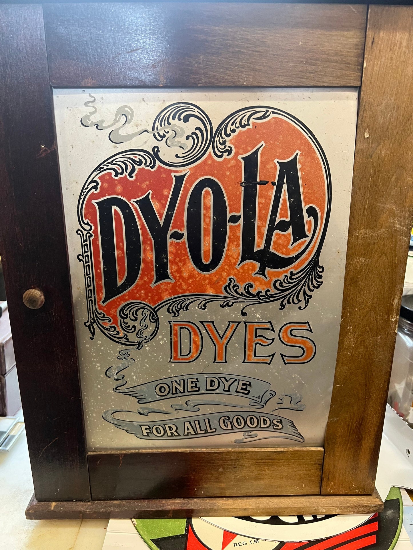 Antique Dy-O-La Wood Cabinet Small Compartment Shelves Rustic General Store Fabric Dye Dyola Dyes Display Tabletop bookcase