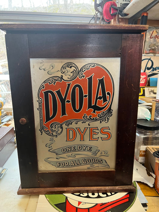 Antique Dy-O-La Wood Cabinet Small Compartment Shelves Rustic General Store Fabric Dye Dyola Dyes Display Tabletop bookcase