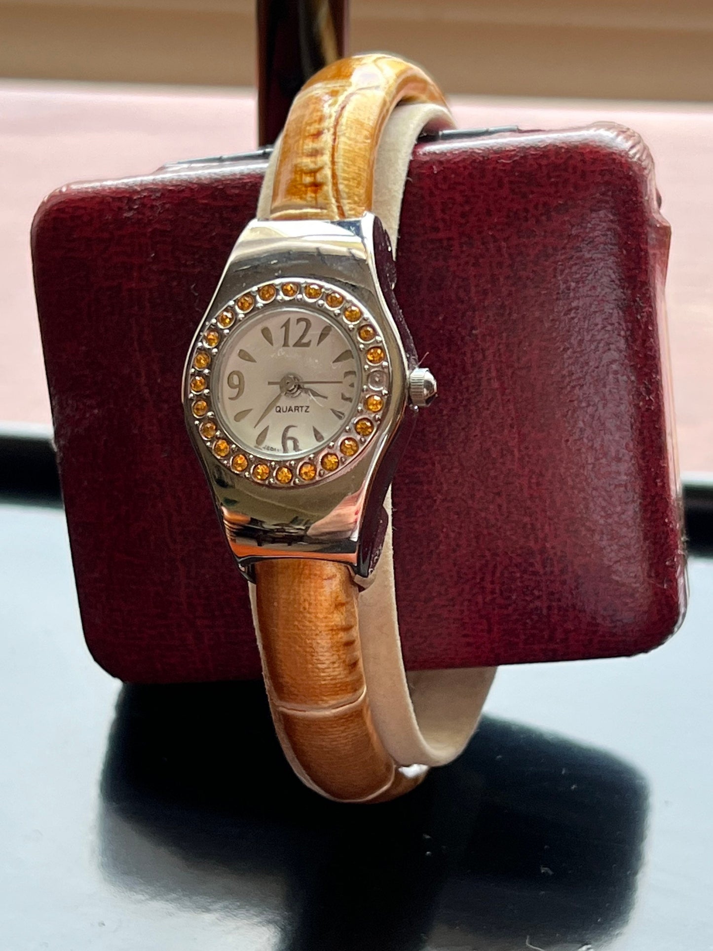 Vintage Women’s Silver & Amber Orange Gemmed Bangle Watch Mid Century Modern Lover Antiques and Vintage