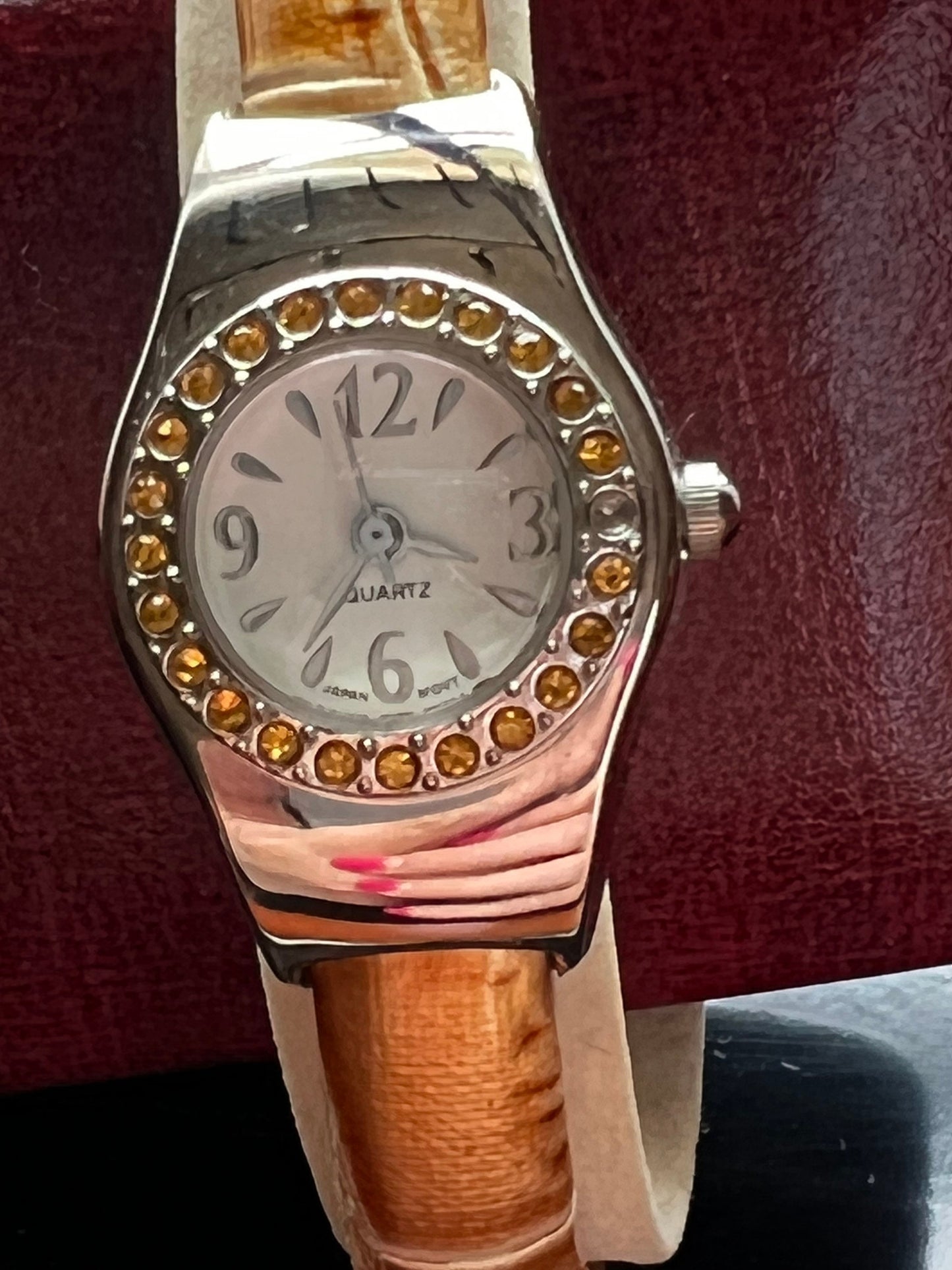 Vintage Women’s Silver & Amber Orange Gemmed Bangle Watch Mid Century Modern Lover Antiques and Vintage