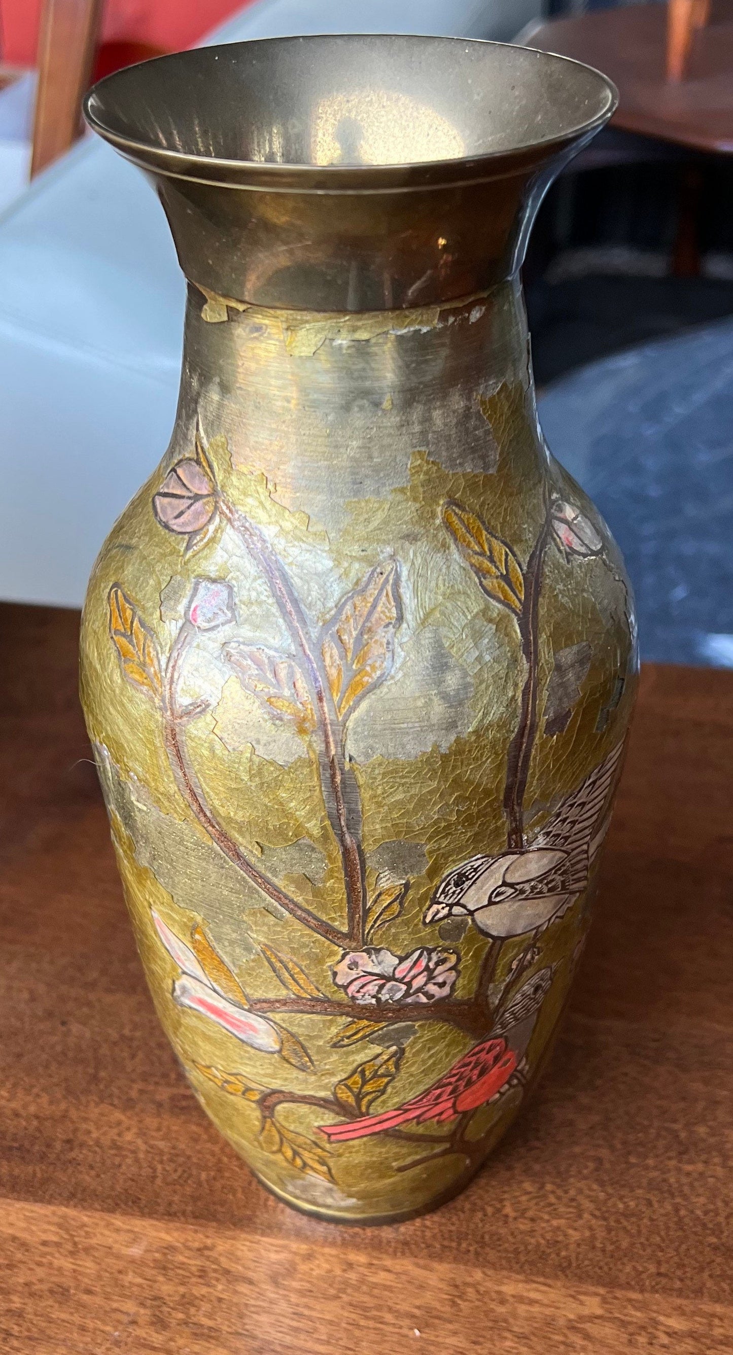Antique chinese bronze vase hand painted and engraved with colorful birds on blooming tree