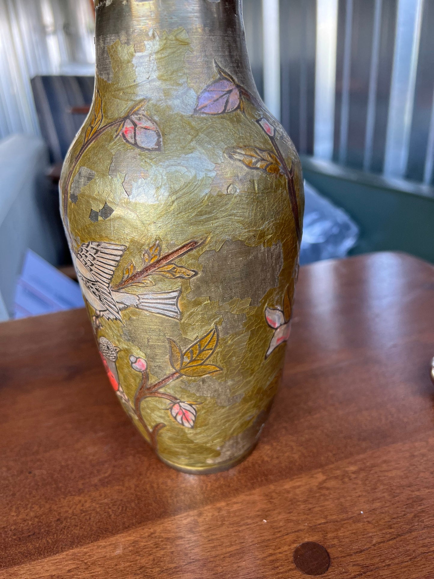 Antique chinese bronze vase hand painted and engraved with colorful birds on blooming tree