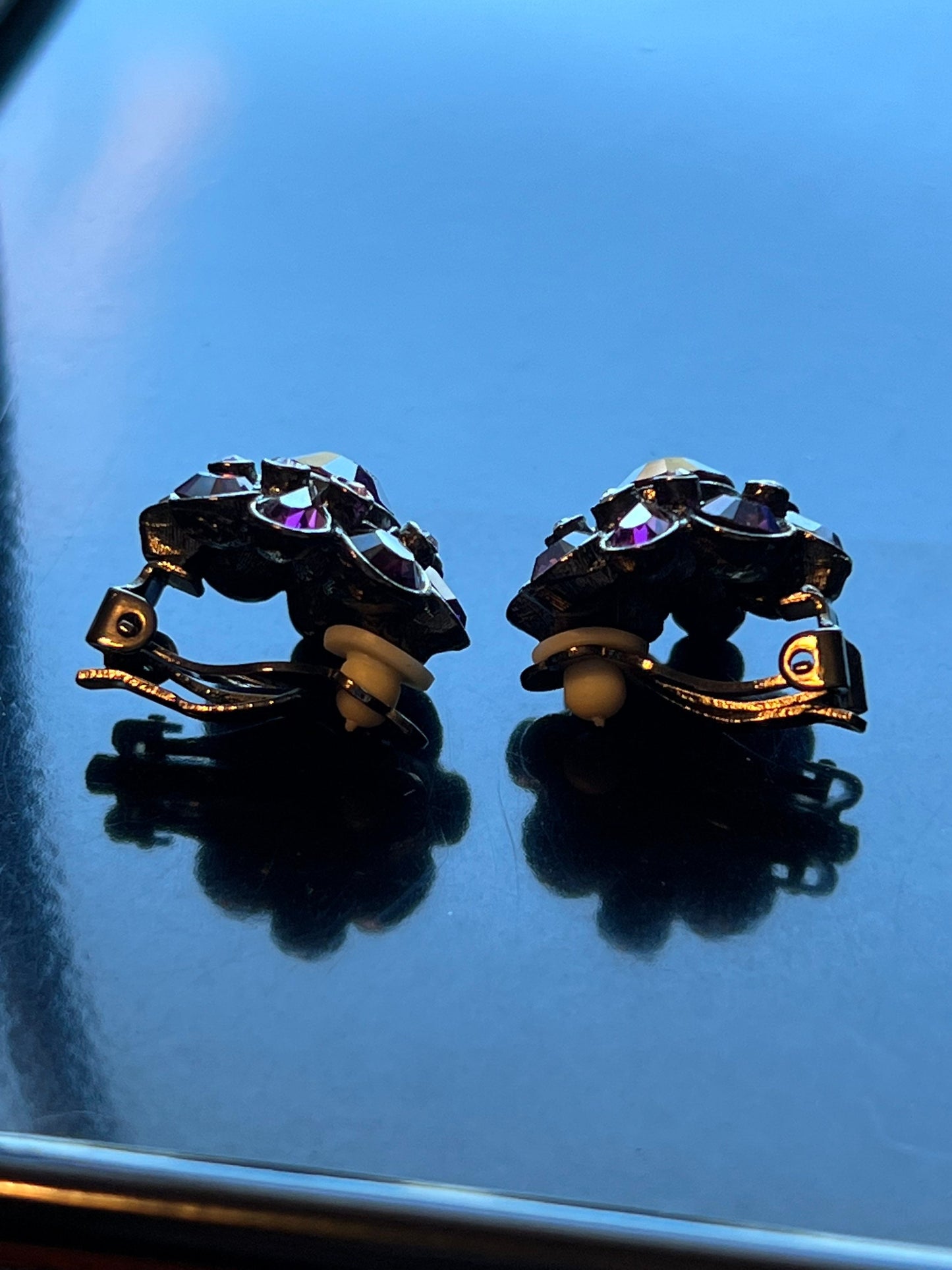 Vintage Purple Burst Sparkle crystals art clip on earrings earring jewelry