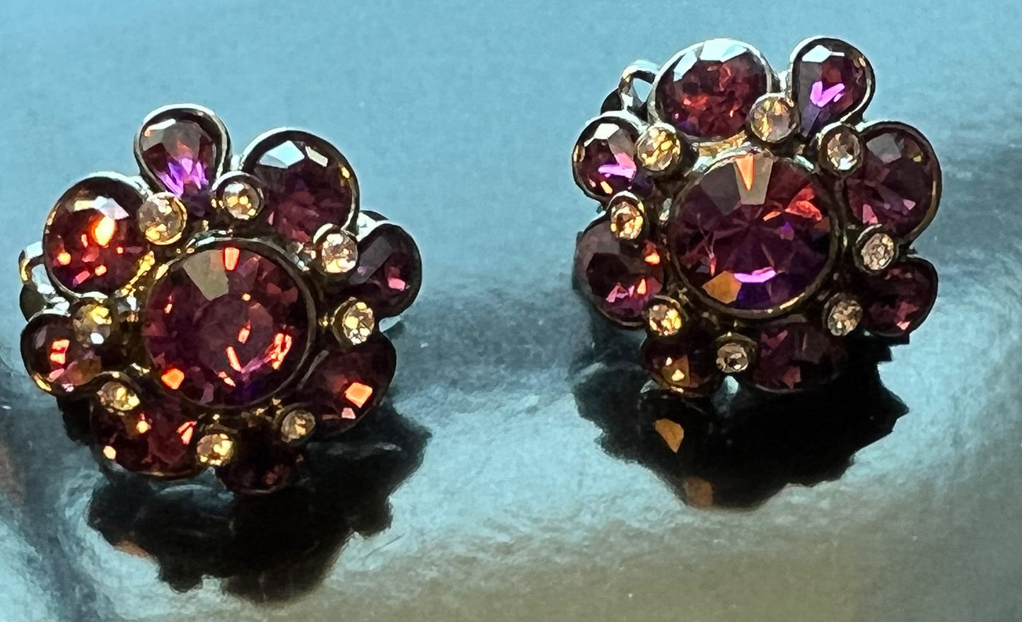 Vintage Purple Burst Sparkle crystals art clip on earrings earring jewelry