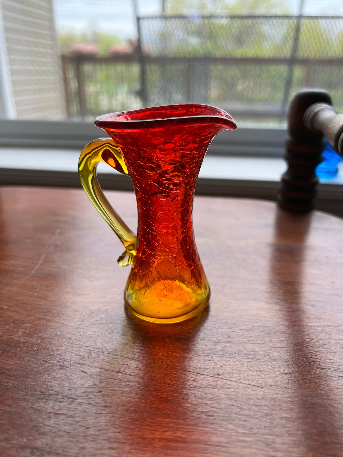 Vintage Amber Crackle Art Glass Orange mini pitcher with handle