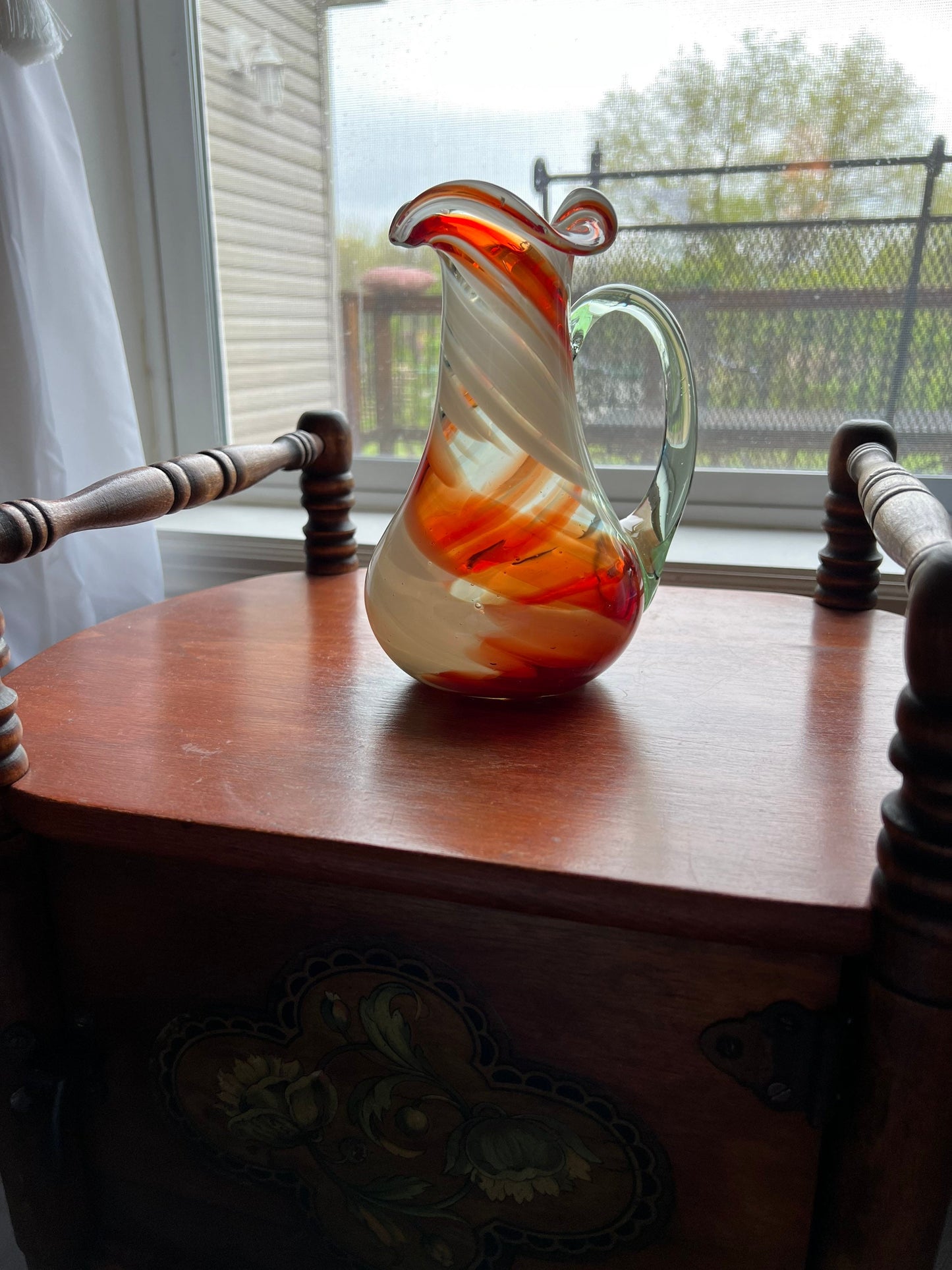 Vintage Amber Swirl Art Glass Pitcher with Artistic Handle Lover Antiques and Vintage